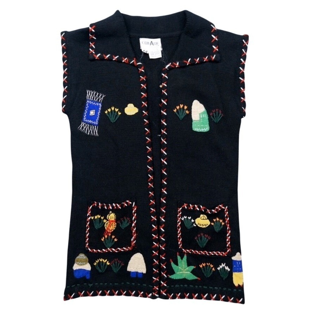 Vintage 70s Collage Womens M Embroidered Applique Folk Art Sweater Vest Boho - Picture 2 of 8